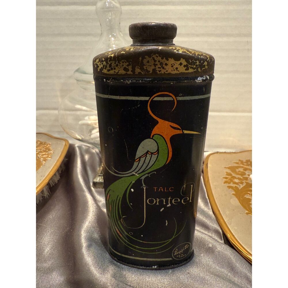 Vintage 1920s Jonteel Talc Tin, Liggett’s NY, Art Deco Bird Design